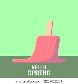 vector hello spring vintage concept illustration with flat melt ice cream isolated on green background. Springtime background or banner. Hello march graphic design template