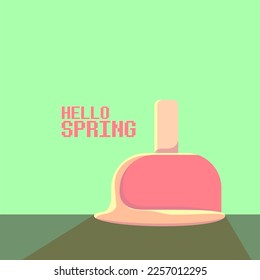 vector hello spring vintage concept illustration with flat melt ice cream isolated on green background. Springtime background or banner. Hello march graphic design template