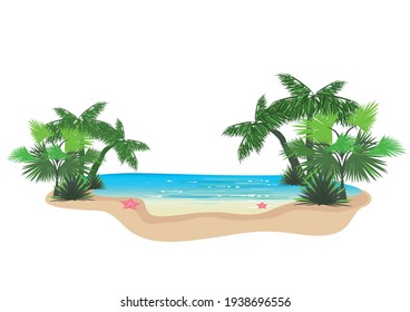 Vector hello summer background with beautiful tropical landscape with palm tree, beach and shining sea and starfish isolated on white background for screensaver, banner or poster