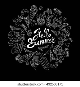vector hello summer background. pattern with contour doodle ice cream