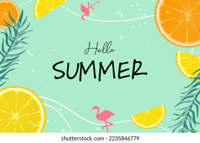 Vector de fondo de verano de saludos, decorado con naranja, limonada, hojas y flamingo