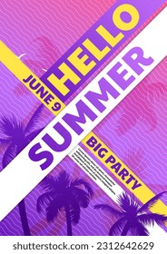 Cartel de verano de Vector hola, gran fiesta. Colorido fondo abstracto de fiesta en la playa con hojas de palma. Pancarta de neón tropical. Volante exótico de eventos pop. Plantilla de póster de venta de verano creativo. Palmera.