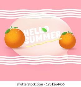 Vector Hello Summer banner or flyer Design template with fresh orange fruit isolated on pink background with lights. Hello summer concept label or poster with fruit and letternig text