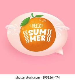 Vector Hello Summer banner or flyer Design template with fresh orange fruit isolated on pink background with lights. Hello summer concept label or poster with fruit and letternig text