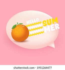 Vector Hello Summer banner or flyer Design template with fresh orange fruit isolated on pink background with lights. Hello summer concept label or poster with fruit and letternig text