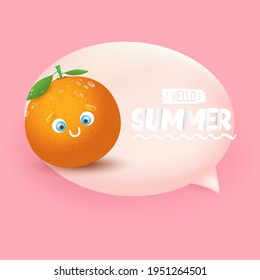 Vector Hello Summer banner or flyer Design template with fresh orange fruit isolated on pink background with lights. Hello summer concept label or poster with fruit and letternig text