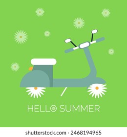 Vector hello summer banner illustration, creative motorbike with daisy shaped wheels.
