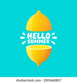 Vector Hello Summer Beach Party Flyer Design template with fresh lemon isolated on azure background. Hello summer concept label or poster with orange fruit and  typographic text.