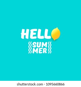Vector Hello Summer Beach Party Flyer Design template with fresh lemon isolated on azure background. Hello summer concept label or poster with orange fruit and  typographic text.