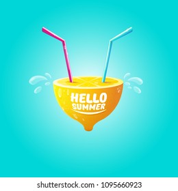 Vector Hello Summer Beach Party Flyer Design template with fresh lemon isolated on azure background. Hello summer concept label or poster with orange fruit and  typographic text.