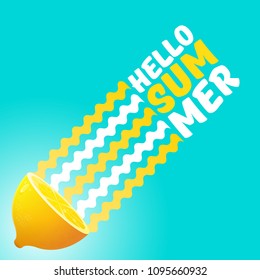 Vector Hello Summer Beach Party Flyer Design template with fresh lemon isolated on azure background. Hello summer concept label or poster with orange fruit and  typographic text.