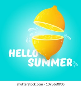 Vector Hello Summer Beach Party Flyer Design template with fresh lemon isolated on azure background. Hello summer concept label or poster with orange fruit and  typographic text.