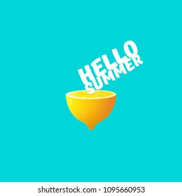 Vector Hello Summer Beach Party Flyer Design template with fresh lemon isolated on azure background. Hello summer concept label or poster with orange fruit and  typographic text.