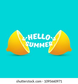 Vector Hello Summer Beach Party Flyer Design template with fresh lemon isolated on azure background. Hello summer concept label or poster with orange fruit and  typographic text.