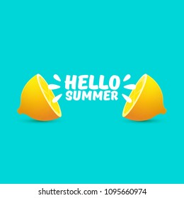 Vector Hello Summer Beach Party Flyer Design template with fresh lemon isolated on azure background. Hello summer concept label or poster with orange fruit and  typographic text.