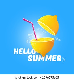Vector Hello Summer Beach Party Flyer Design template with fresh lemon isolated on blue background. Hello summer concept label or poster with orange fruit and typographic text.