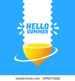 Vector Hello Summer Beach Party Flyer Design template with fresh lemon isolated on blue background. Hello summer concept label or poster with orange fruit and typographic text.