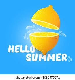 Vector Hello Summer Beach Party Flyer Design template with fresh lemon isolated on blue background. Hello summer concept label or poster with orange fruit and typographic text.