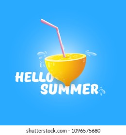 Vector Hello Summer Beach Party Flyer Design template with fresh lemon isolated on blue background. Hello summer concept label or poster with orange fruit and typographic text.