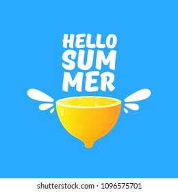 Vector Hello Summer Beach Party Flyer Design template with fresh lemon isolated on blue background. Hello summer concept label or poster with orange fruit and typographic text.