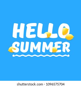 Vector Hello Summer Beach Party Flyer Design template with fresh lemon isolated on blue background. Hello summer concept label or poster with orange fruit and typographic text.