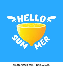 Vector Hello Summer Beach Party Flyer Design template with fresh lemon isolated on blue background. Hello summer concept label or poster with orange fruit and typographic text.