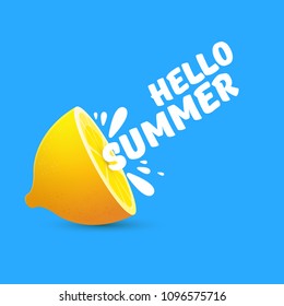 Vector Hello Summer Beach Party Flyer Design template with fresh lemon isolated on blue background. Hello summer concept label or poster with orange fruit and typographic text.
