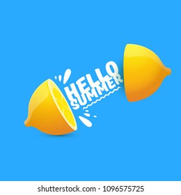 Vector Hello Summer Beach Party Flyer Design template with fresh lemon isolated on blue background. Hello summer concept label or poster with orange fruit and typographic text.