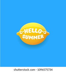 Vector Hello Summer Beach Party Flyer Design template with fresh lemon isolated on blue background. Hello summer concept label or poster with orange fruit and typographic text.