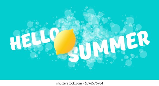 Vector Hello Summer Beach Party horizontal banner Design template with fresh lemon isolated on azure background. Hello summer concept label or poster with orange fruit and typographic text.