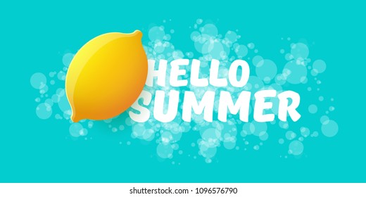 Vector Hello Summer Beach Party horizontal banner Design template with fresh lemon isolated on azure background. Hello summer concept label or poster with orange fruit and typographic text.