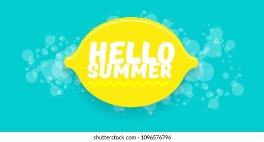 Vector Hello Summer Beach Party horizontal banner Design template with fresh lemon isolated on azure background. Hello summer concept label or poster with orange fruit and typographic text.