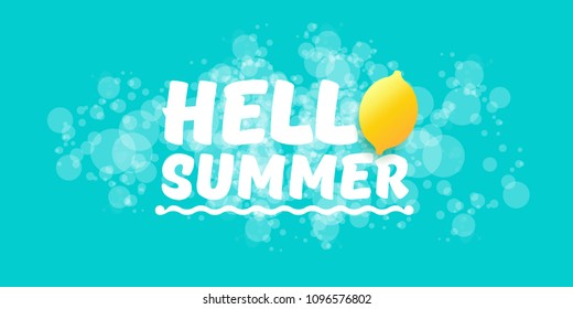 Vector Hello Summer Beach Party horizontal banner Design template with fresh lemon isolated on azure background. Hello summer concept label or poster with orange fruit and typographic text.