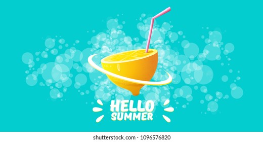 Vector Hello Summer Beach Party horizontal banner Design template with fresh lemon isolated on azure background. Hello summer concept label or poster with orange fruit and typographic text.