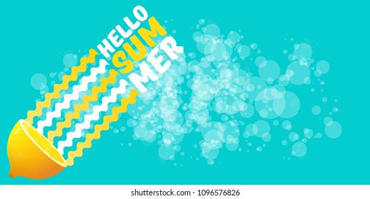 Vector Hello Summer Beach Party horizontal banner Design template with fresh lemon isolated on azure background. Hello summer concept label or poster with orange fruit and typographic text.