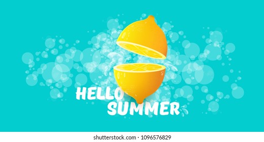 Vector Hello Summer Beach Party horizontal banner Design template with fresh lemon isolated on azure background. Hello summer concept label or poster with orange fruit and typographic text.