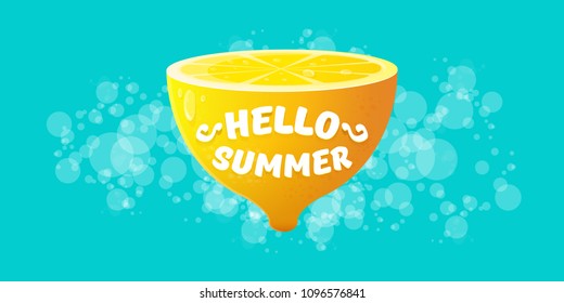 Vector Hello Summer Beach Party horizontal banner Design template with fresh lemon isolated on azure background. Hello summer concept label or poster with orange fruit and typographic text.
