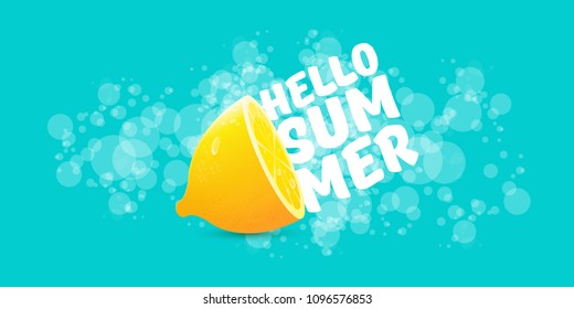 Vector Hello Summer Beach Party horizontal banner Design template with fresh lemon isolated on azure background. Hello summer concept label or poster with orange fruit and typographic text.