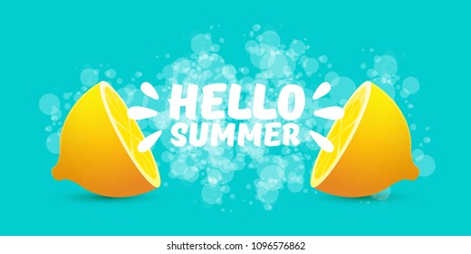 Vector Hello Summer Beach Party horizontal banner Design template with fresh lemon isolated on azure background. Hello summer concept label or poster with orange fruit and typographic text.