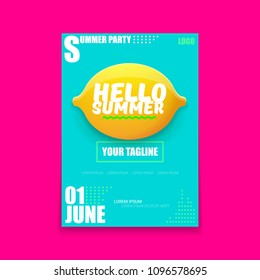 Vector Hello Summer Beach Party vertical A4 poster Design template with fresh lemon isolated on azure background. Hello summer concept label or flyer with orange fruit and typographic text.