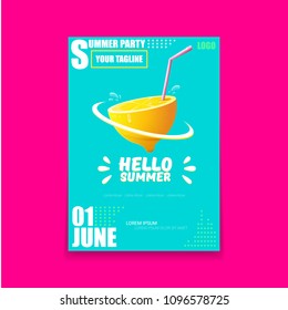 Vector Hello Summer Beach Party vertical A4 poster Design template with fresh lemon isolated on azure background. Hello summer concept label or flyer with orange fruit and typographic text.