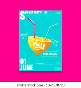 Vector Hello Summer Beach Party vertical A4 poster Design template with fresh lemon isolated on azure background. Hello summer concept label or flyer with orange fruit and typographic text.