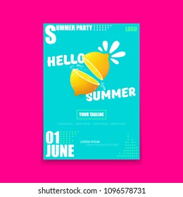 Vector Hello Summer Beach Party vertical A4 poster Design template with fresh lemon isolated on azure background. Hello summer concept label or flyer with orange fruit and typographic text.