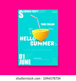Vector Hello Summer Beach Party vertical A4 poster Design template with fresh lemon isolated on azure background. Hello summer concept label or flyer with orange fruit and typographic text.