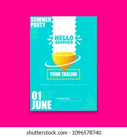 Vector Hello Summer Beach Party vertical A4 poster Design template with fresh lemon isolated on azure background. Hello summer concept label or flyer with orange fruit and typographic text.