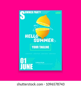 Vector Hello Summer Beach Party vertical A4 poster Design template with fresh lemon isolated on azure background. Hello summer concept label or flyer with orange fruit and typographic text.