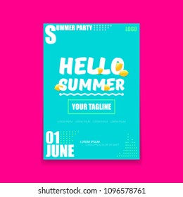 Vector Hello Summer Beach Party vertical A4 poster Design template with fresh lemon isolated on azure background. Hello summer concept label or flyer with orange fruit and typographic text.