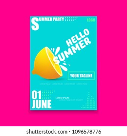 Vector Hello Summer Beach Party vertical A4 poster Design template with fresh lemon isolated on azure background. Hello summer concept label or flyer with orange fruit and typographic text.