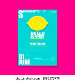 Vector Hello Summer Beach Party vertical A4 poster Design template with fresh lemon isolated on azure background. Hello summer concept label or flyer with orange fruit and typographic text.