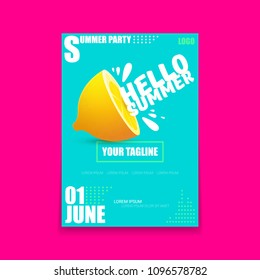 Vector Hello Summer Beach Party vertical A4 poster Design template with fresh lemon isolated on azure background. Hello summer concept label or flyer with orange fruit and typographic text.